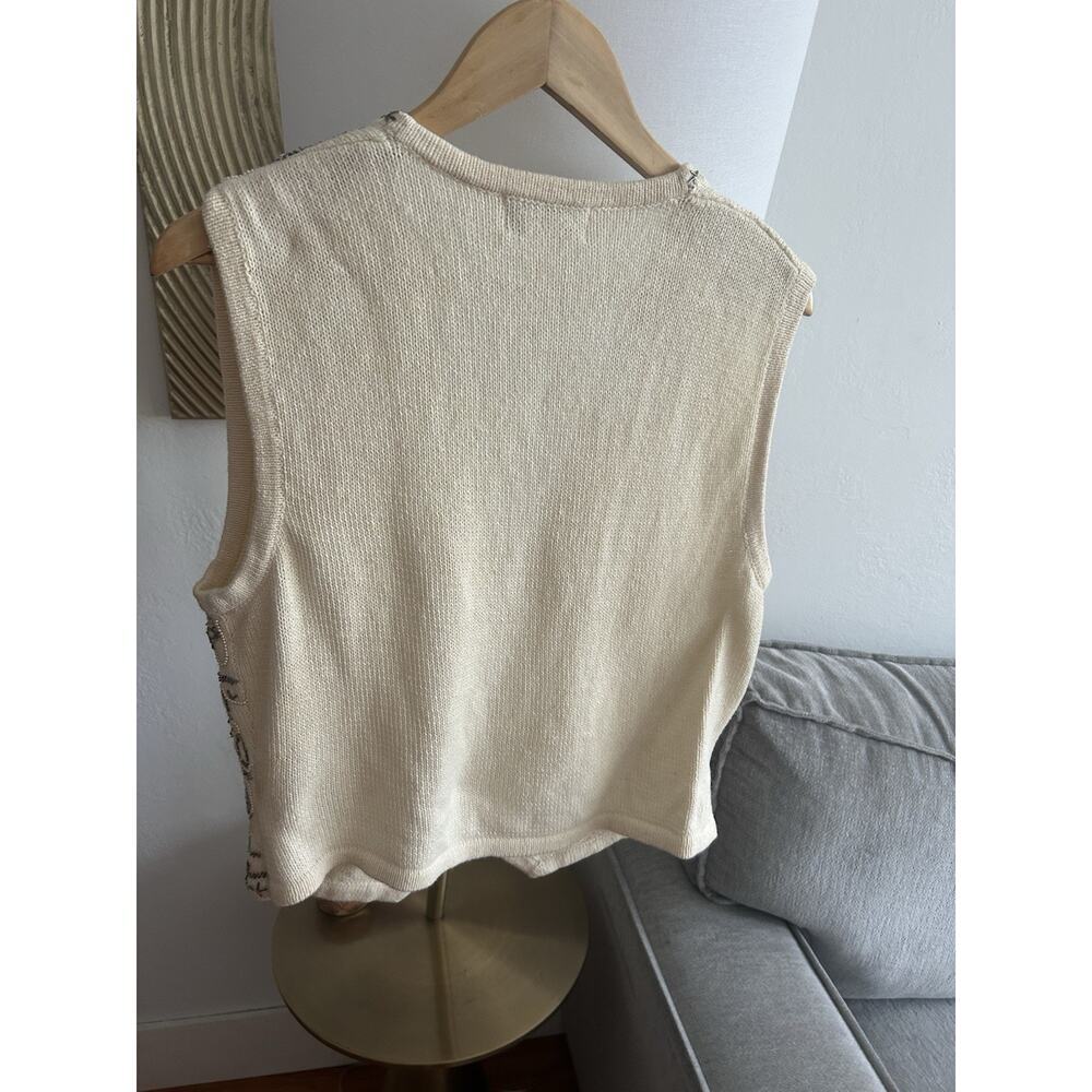Vtg Cream Sweater Vest Beads Embroidered Flowers Grandma M/L - Picture 5 of 11